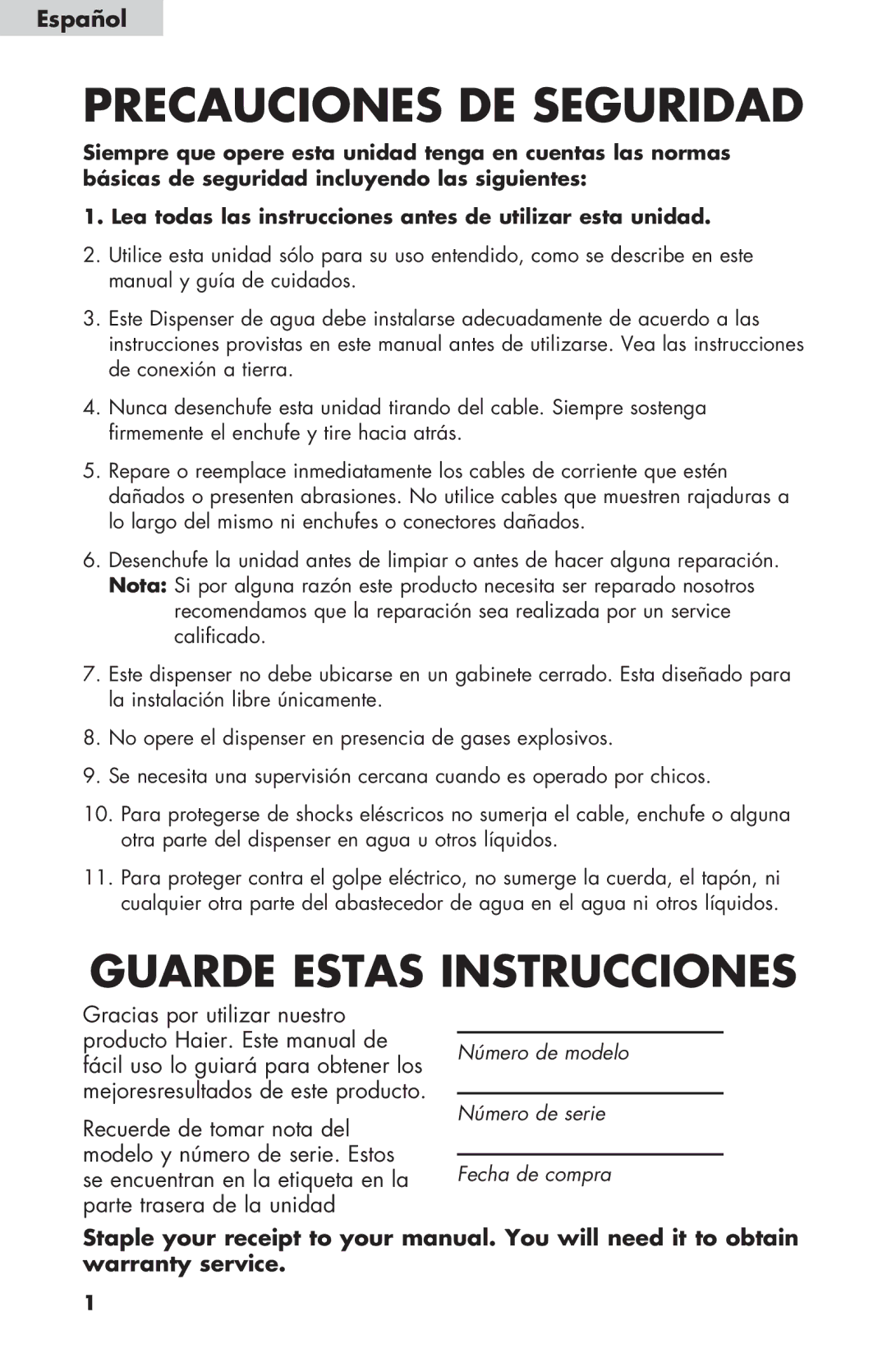 Haier WDNS116BBS user manual Precauciones DE Seguridad, Español 