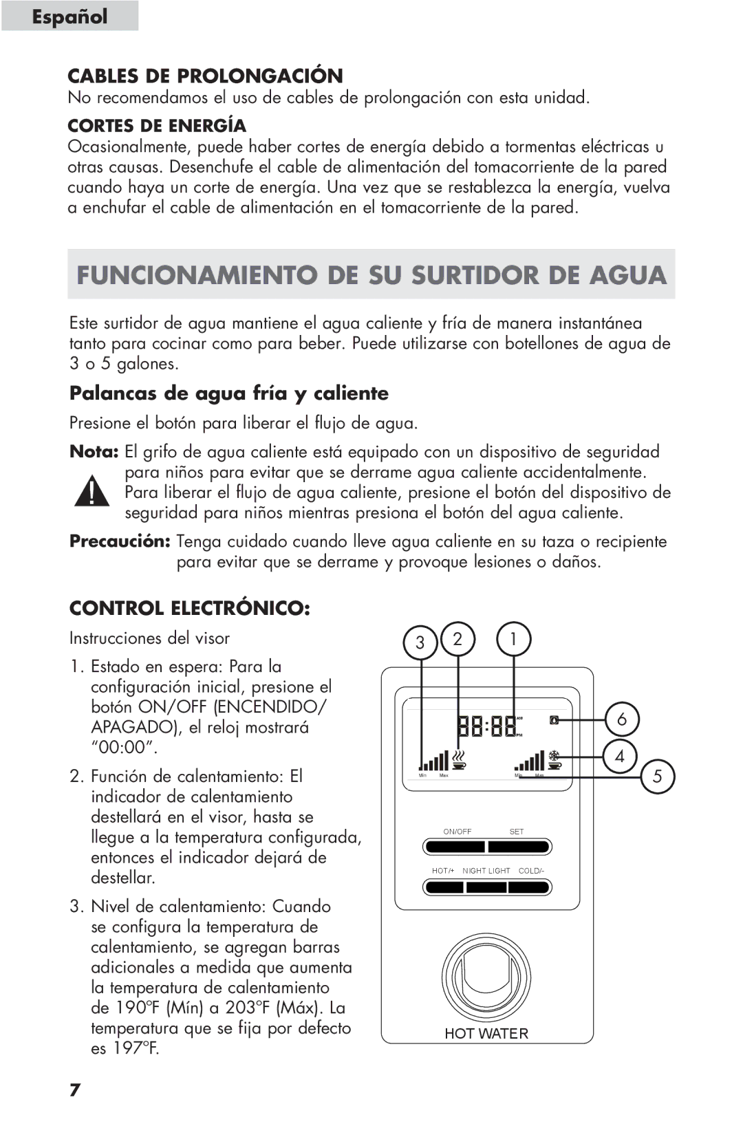 Haier WDNS116BBS Funcionamiento DE SU Surtidor DE Agua, Español Cables de prolongación, Palancas de agua fría y caliente 