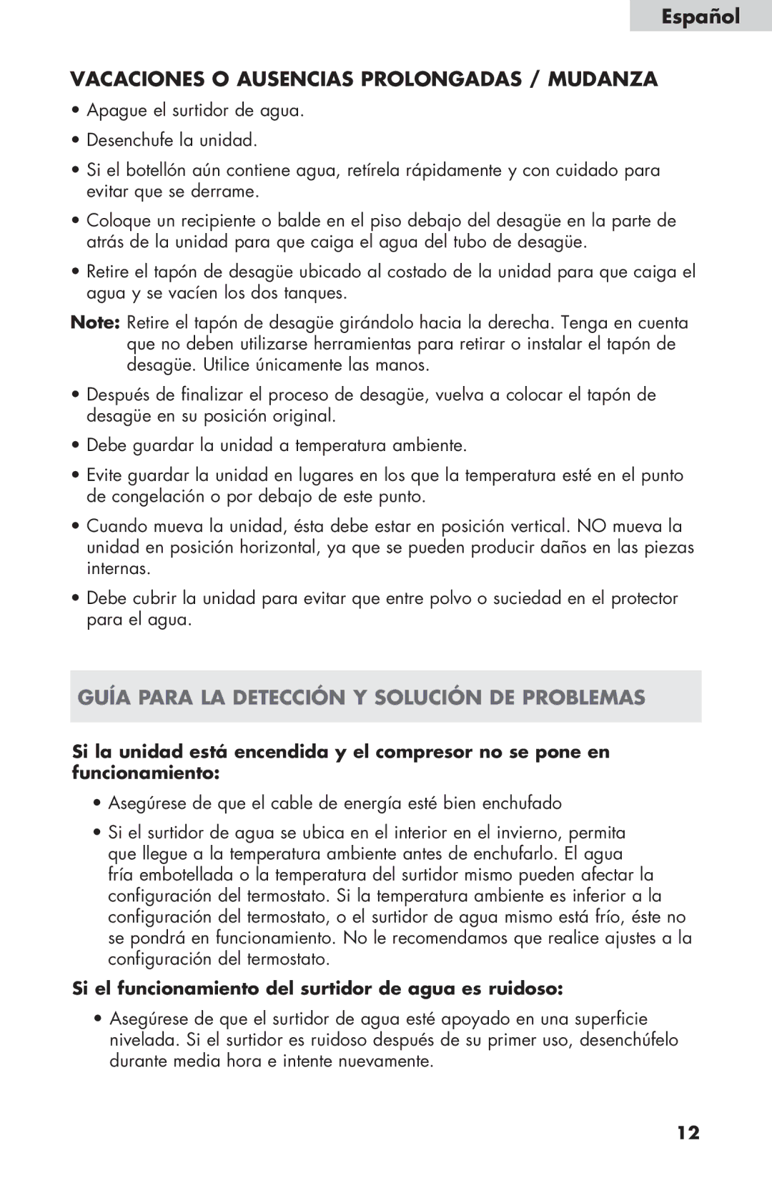 Haier WDNS116BBS user manual Español Vacaciones o ausencias prolongadas / Mudanza 