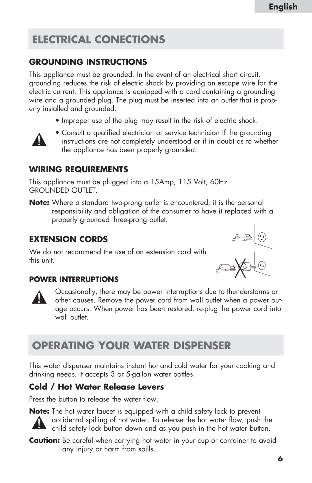 Haier WDNS116BBS user manual Electrical Conections, Operating Your Water Dispenser 