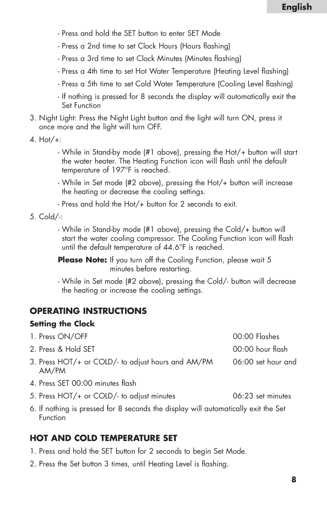 Haier WDNS116BBS user manual Operating Instructions, HOT and Cold Temperature SET, Setting the Clock 