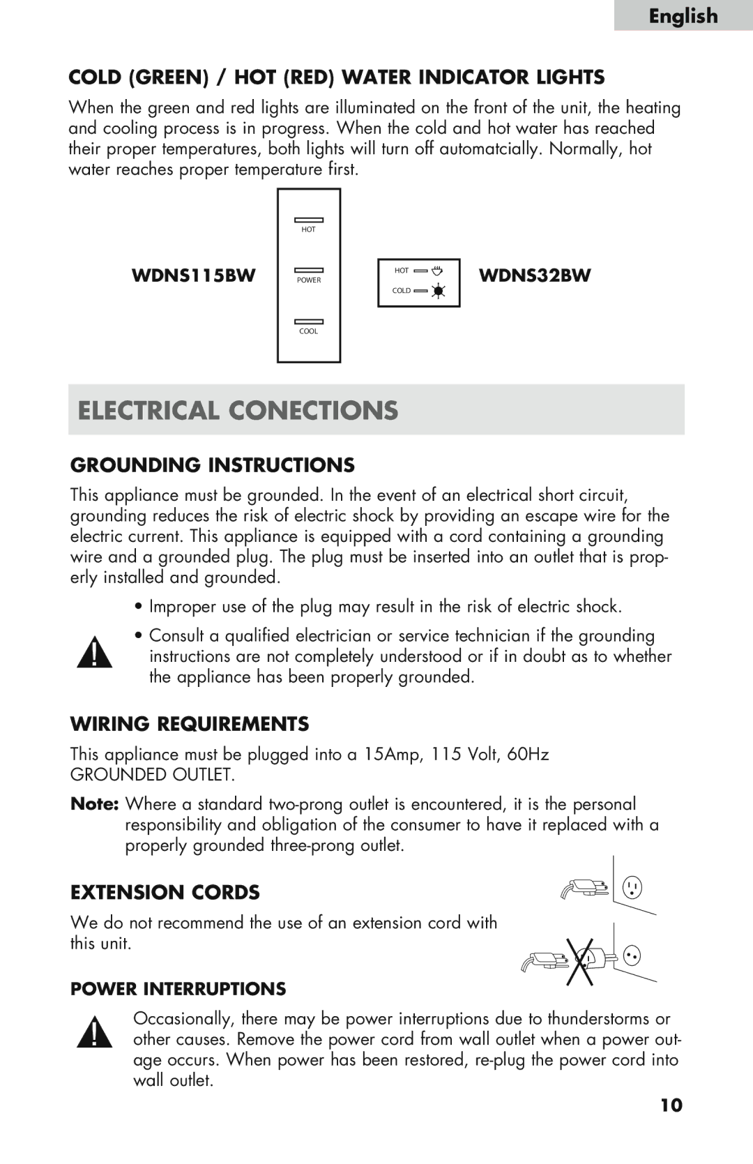 Haier WDNS115BW Electrical Conections, English Cold green / Hot red Water Indicator Lights, Grounding Instructions 