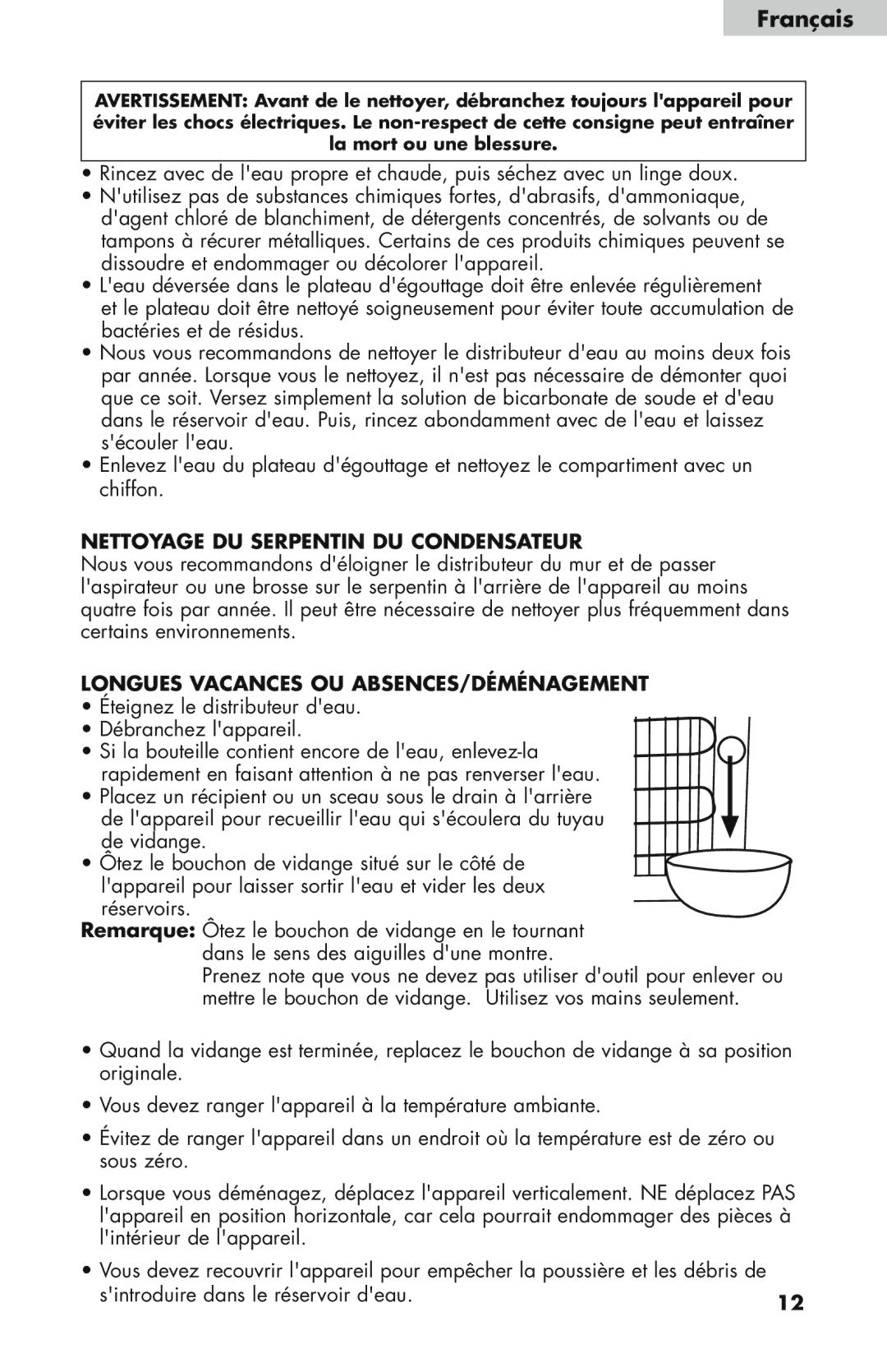 Haier WDNS32BW, WDNS121SS, WDNS115BW Nettoyage DU Serpentin DU Condensateur, Longues Vacances OU ABSENCES/DÉMÉNAGEMENT 