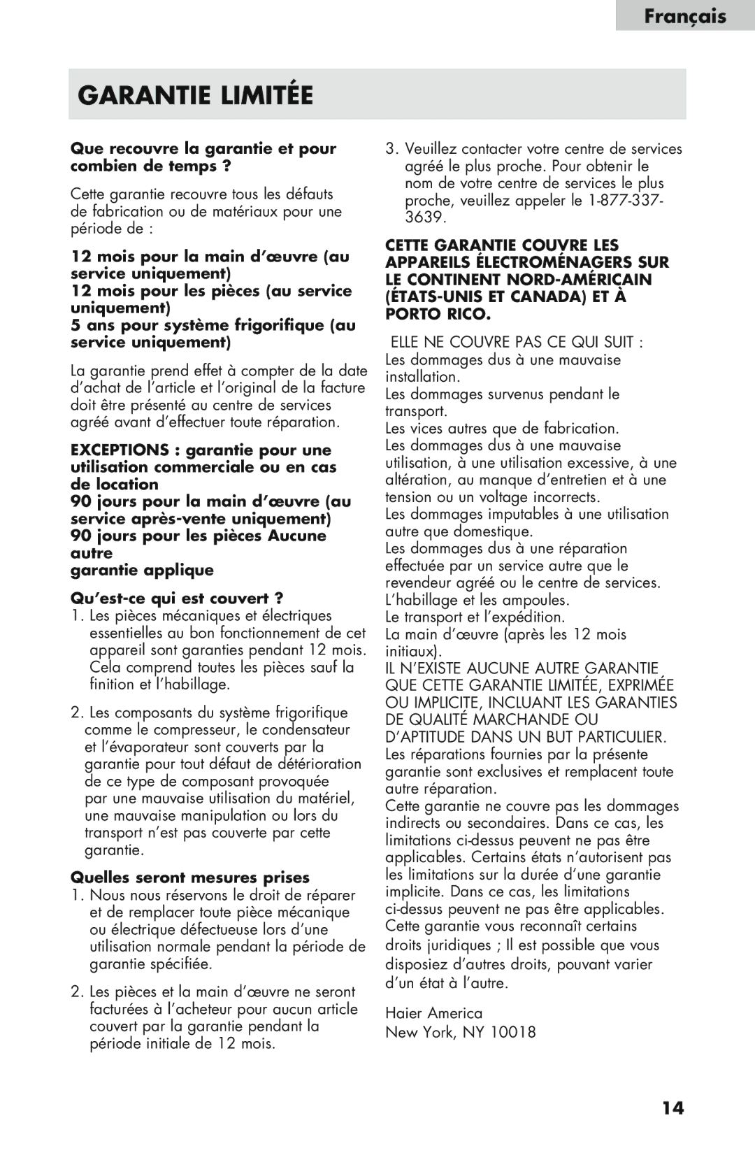 Haier WDNS115BW, WDNS32BW, WDNS121SS user manual Garantie Limitée 