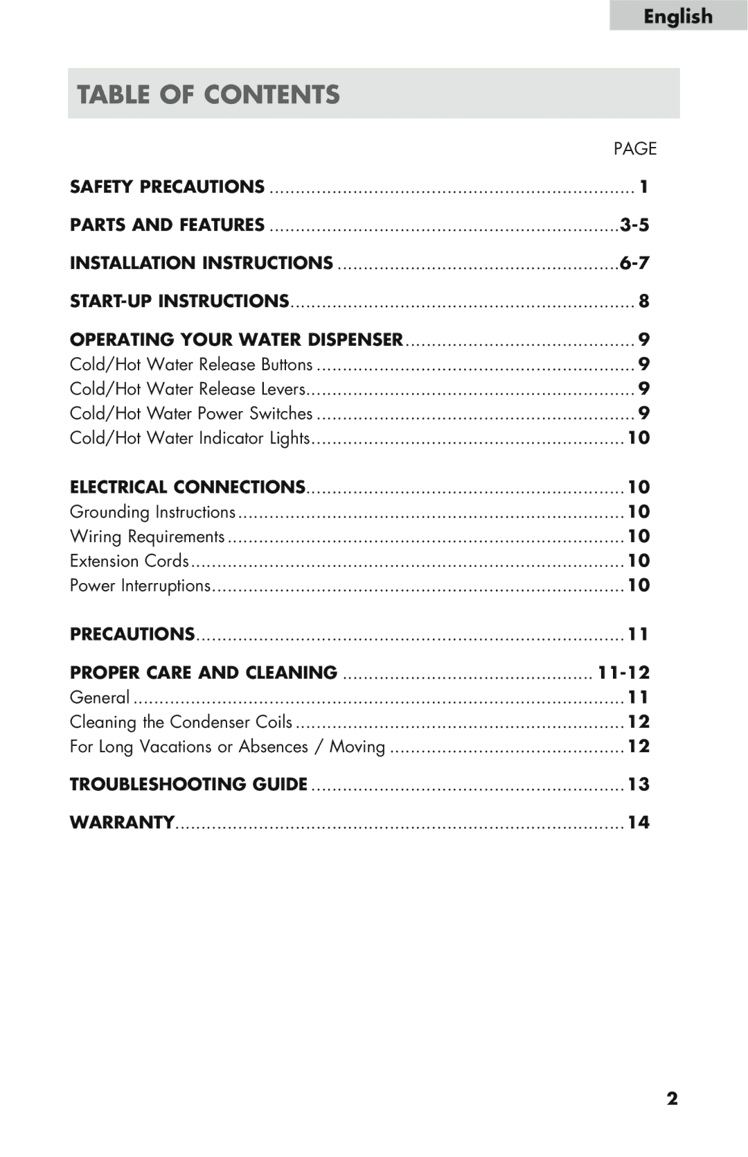 Haier WDNS32BW, WDNS121SS, WDNS115BW user manual Table of Contents 