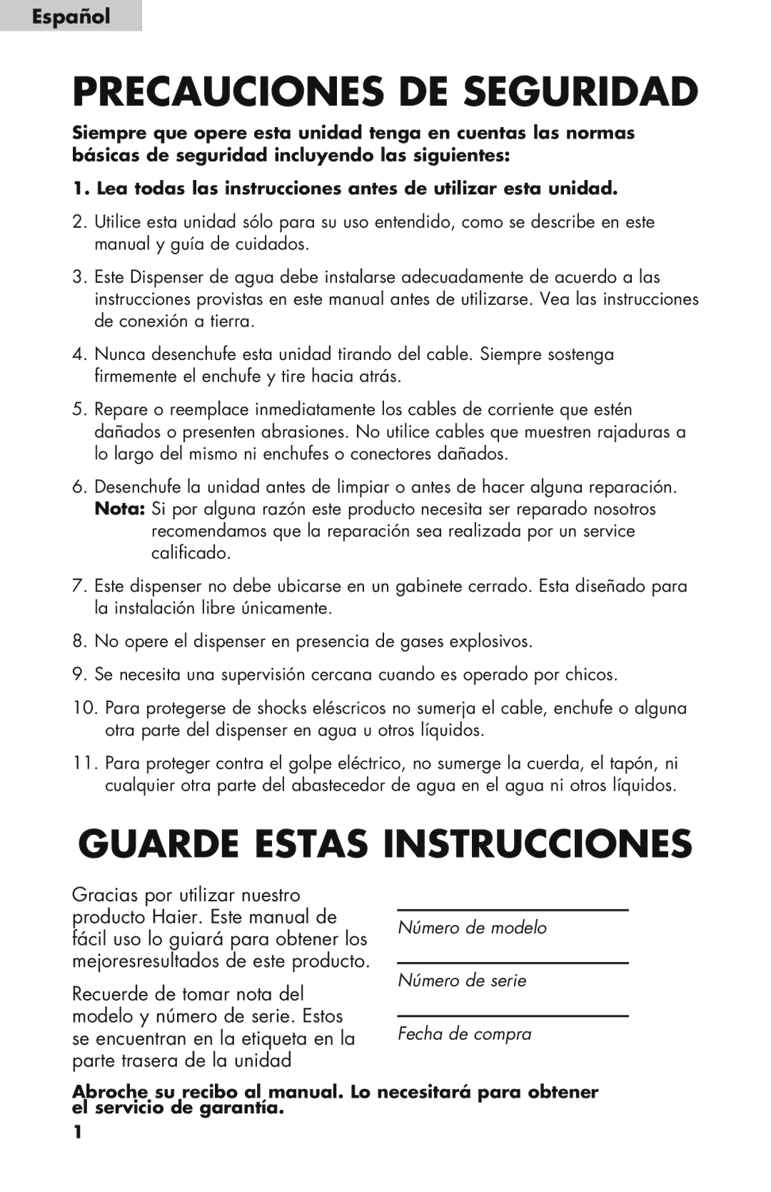 Haier WDNS32BW, WDNS121SS, WDNS115BW user manual Precauciones DE Seguridad, Español 