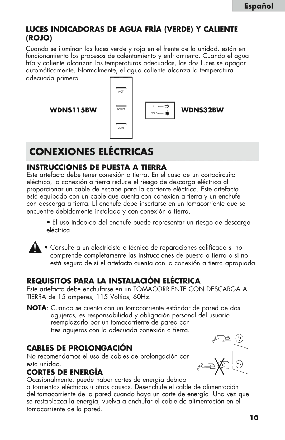 Haier WDNS32BW Luces Indicadoras DE Agua Fría Verde Y Caliente Rojo, Instrucciones DE Puesta a Tierra, Cortes DE Energía 