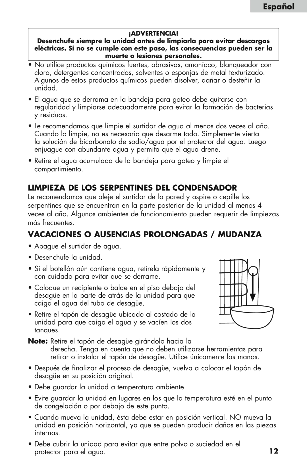 Haier WDNS115BW, WDNS32BW Limpieza de los serpentines del condensador, Vacaciones o ausencias prolongadas / Mudanza 