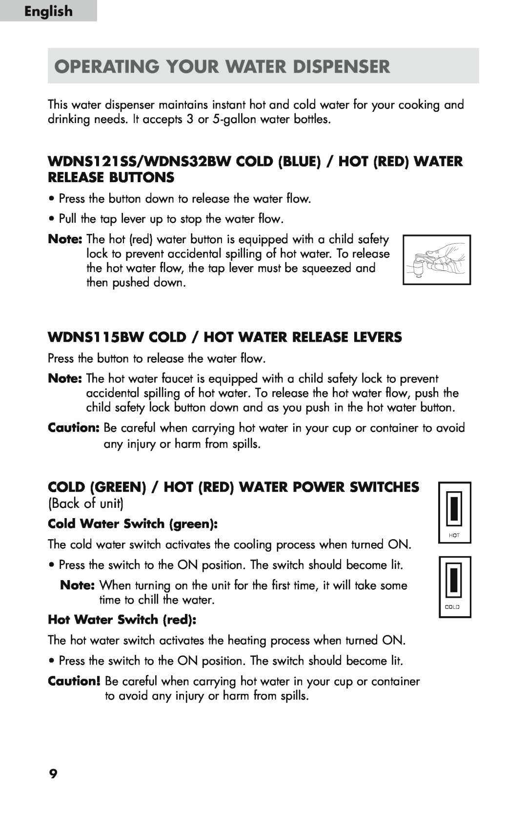 Haier WDNS121SS, WDNS32BW user manual Operating Your Water Dispenser, WDNS115BW Cold / Hot Water Release Levers, English 