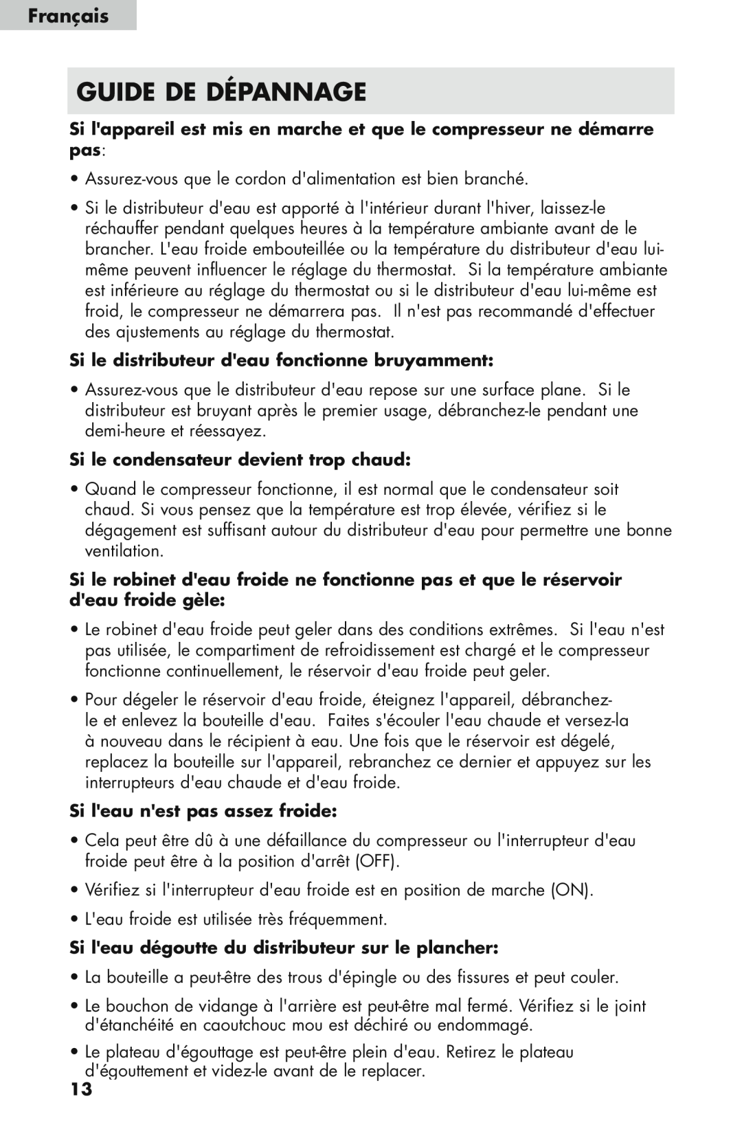 Haier WDNS121SS Guide De Dépannage, Français, Si le distributeur deau fonctionne bruyamment, Si leau nest pas assez froide 
