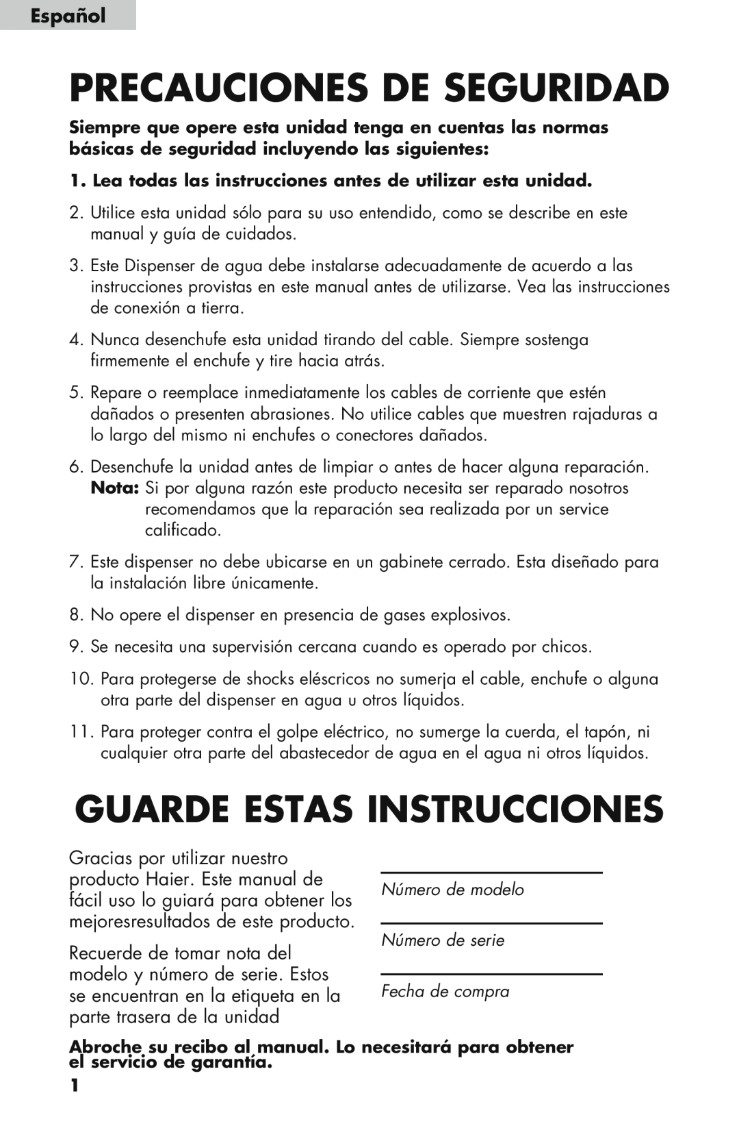 Haier WDNS32BW, WDNS121SS, WDNS115BW user manual Español, Precauciones De Seguridad, Guarde Estas Instrucciones 
