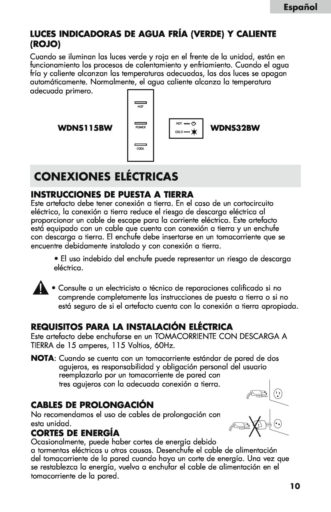 Haier WDNS32BW Conexiones Eléctricas, Instrucciones De Puesta A Tierra, Requisitos para la instalación eléctrica, Español 