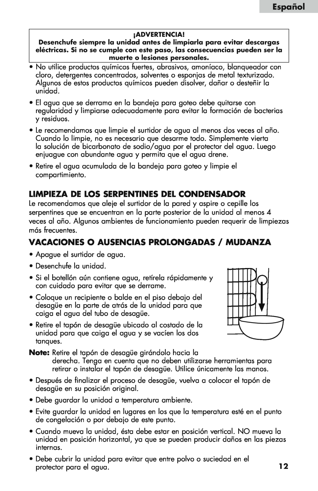 Haier WDNS115BW Limpieza de los serpentines del condensador, Vacaciones o ausencias prolongadas / Mudanza, Español 