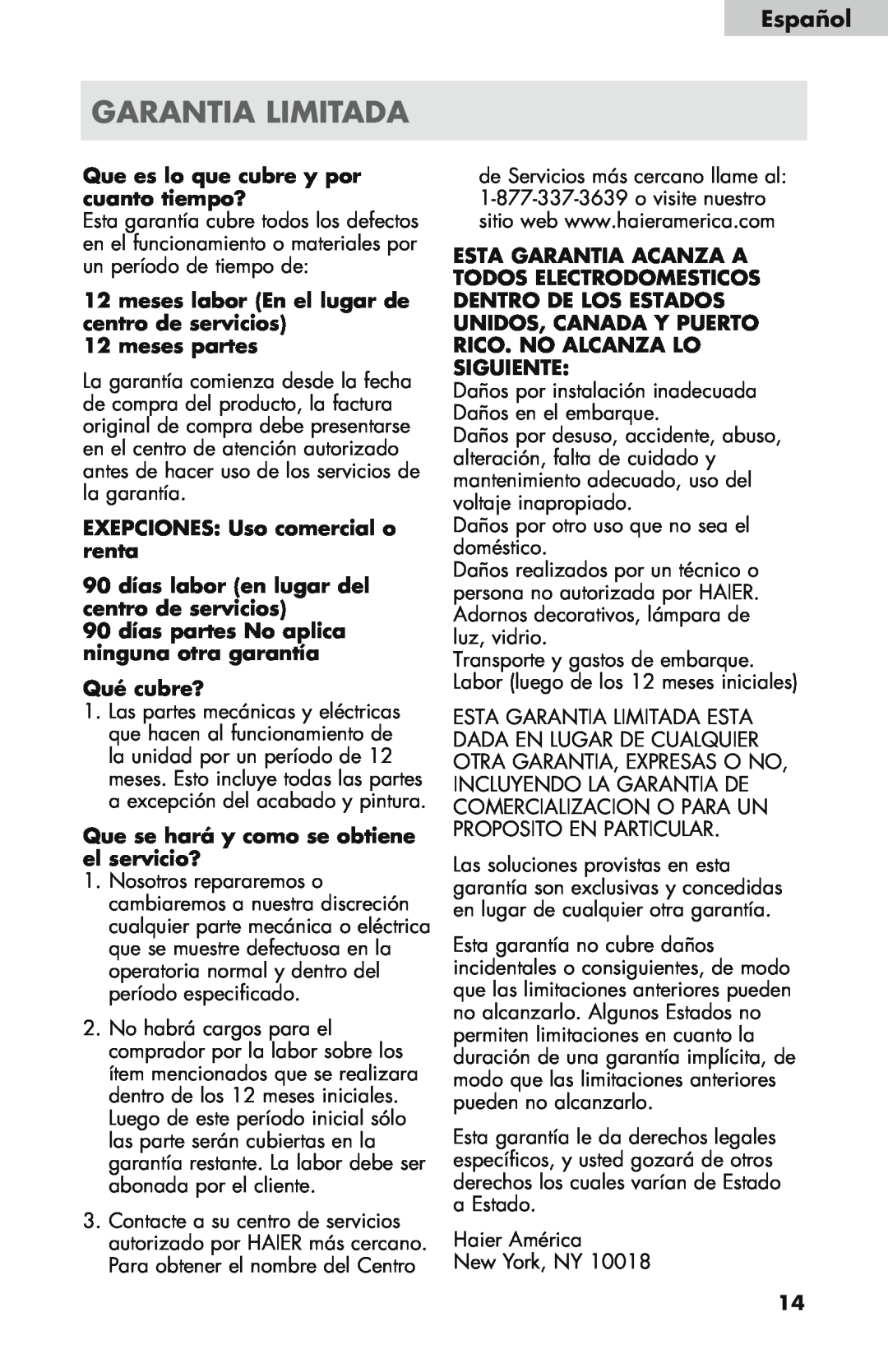 Haier WDNS121SS, WDNS32BW, WDNS115BW user manual Garantia Limitada, Español 