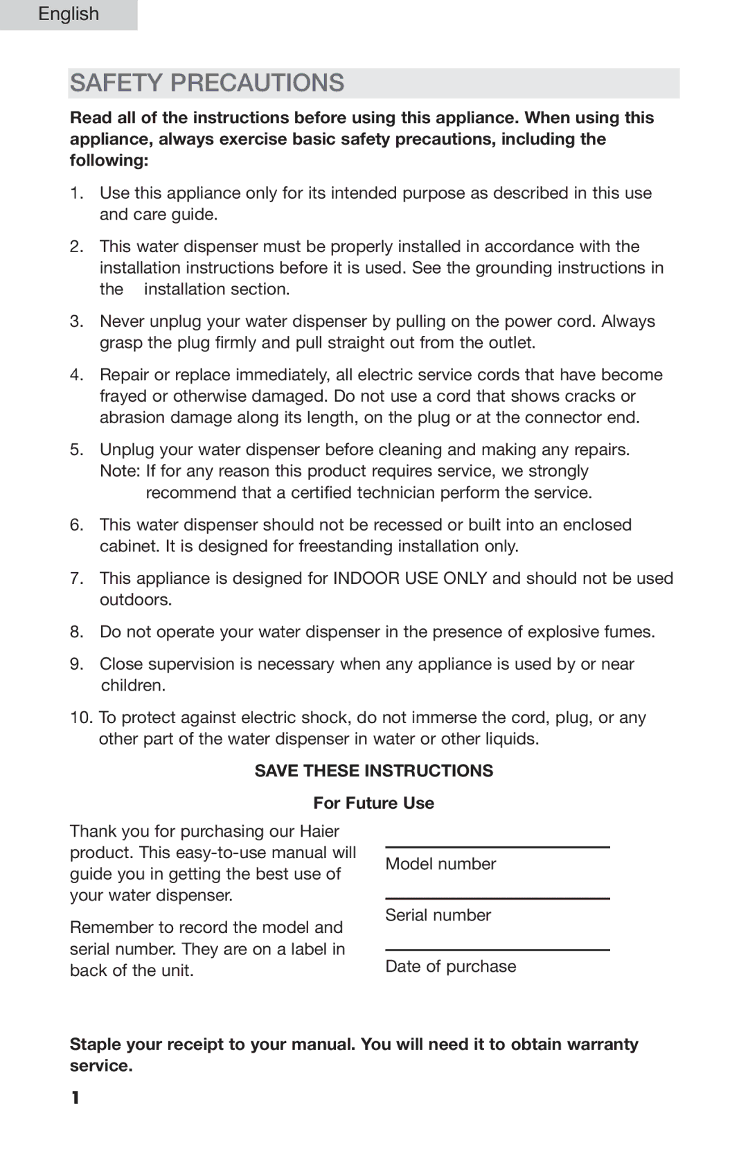 Haier WDNS055, WDNSC145, WDNS201SS, WDNS045 user manual Safety Precautions 