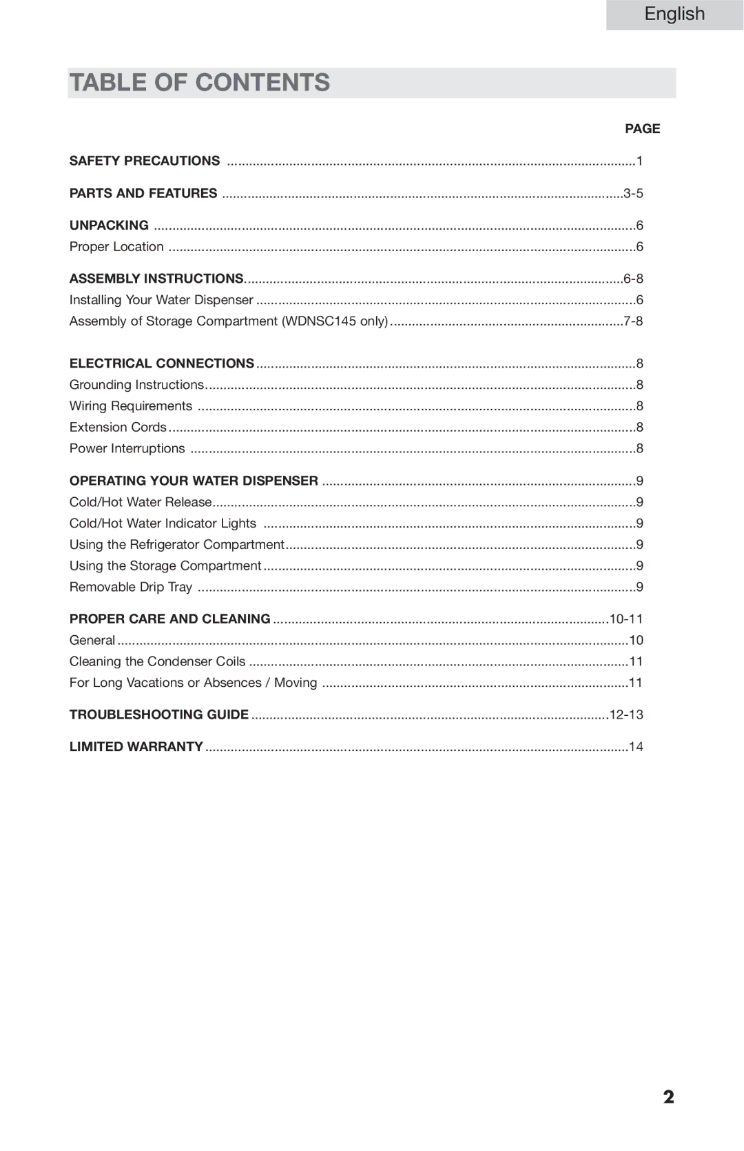 Haier WDNS045, WDNSC145, WDNS201SS, WDNS055 user manual Table of Contents 