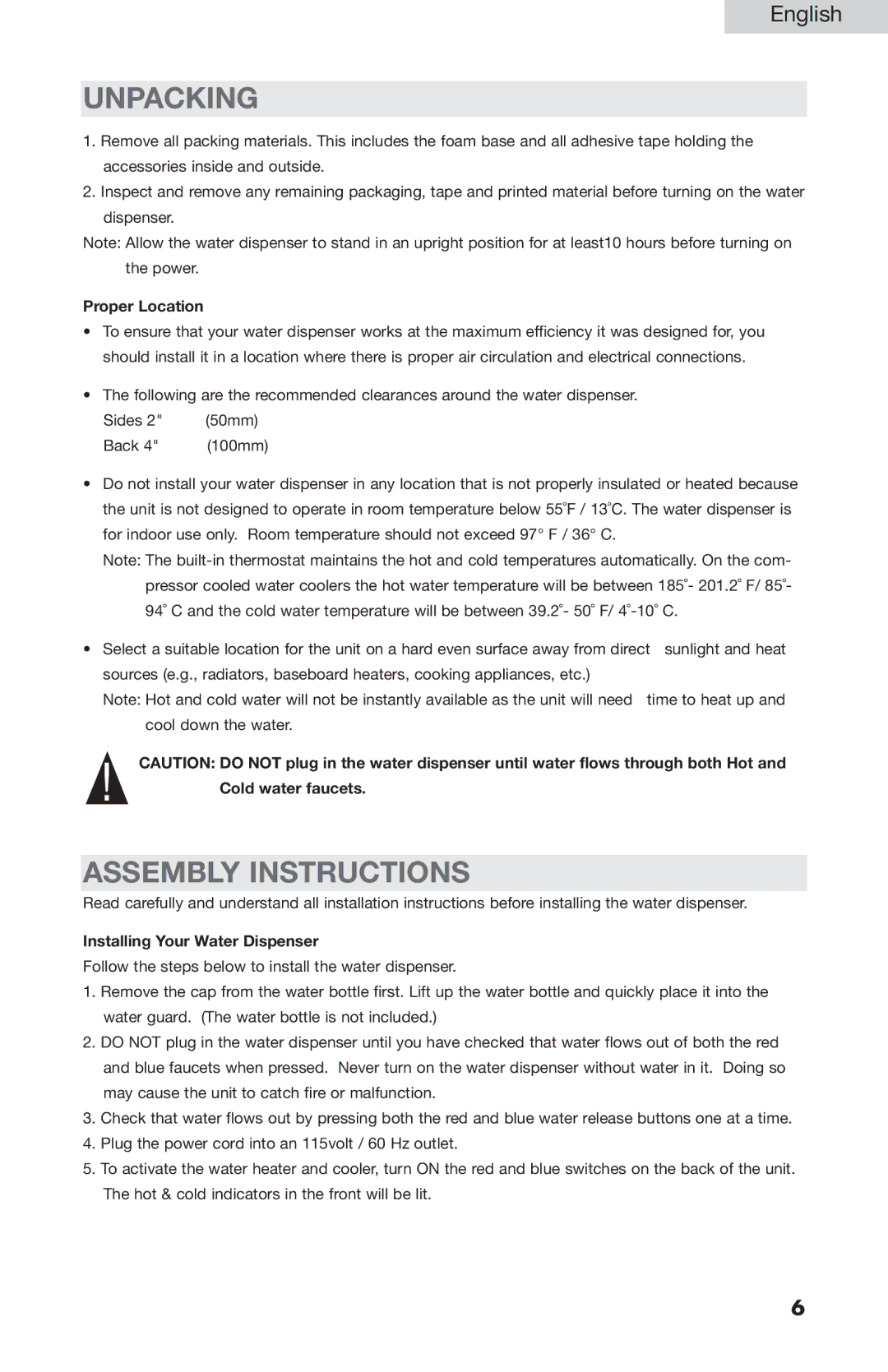 Haier WDNS045 Unpacking, Assembly Instructions, Proper Location, Cold water faucets, Installing Your Water Dispenser 