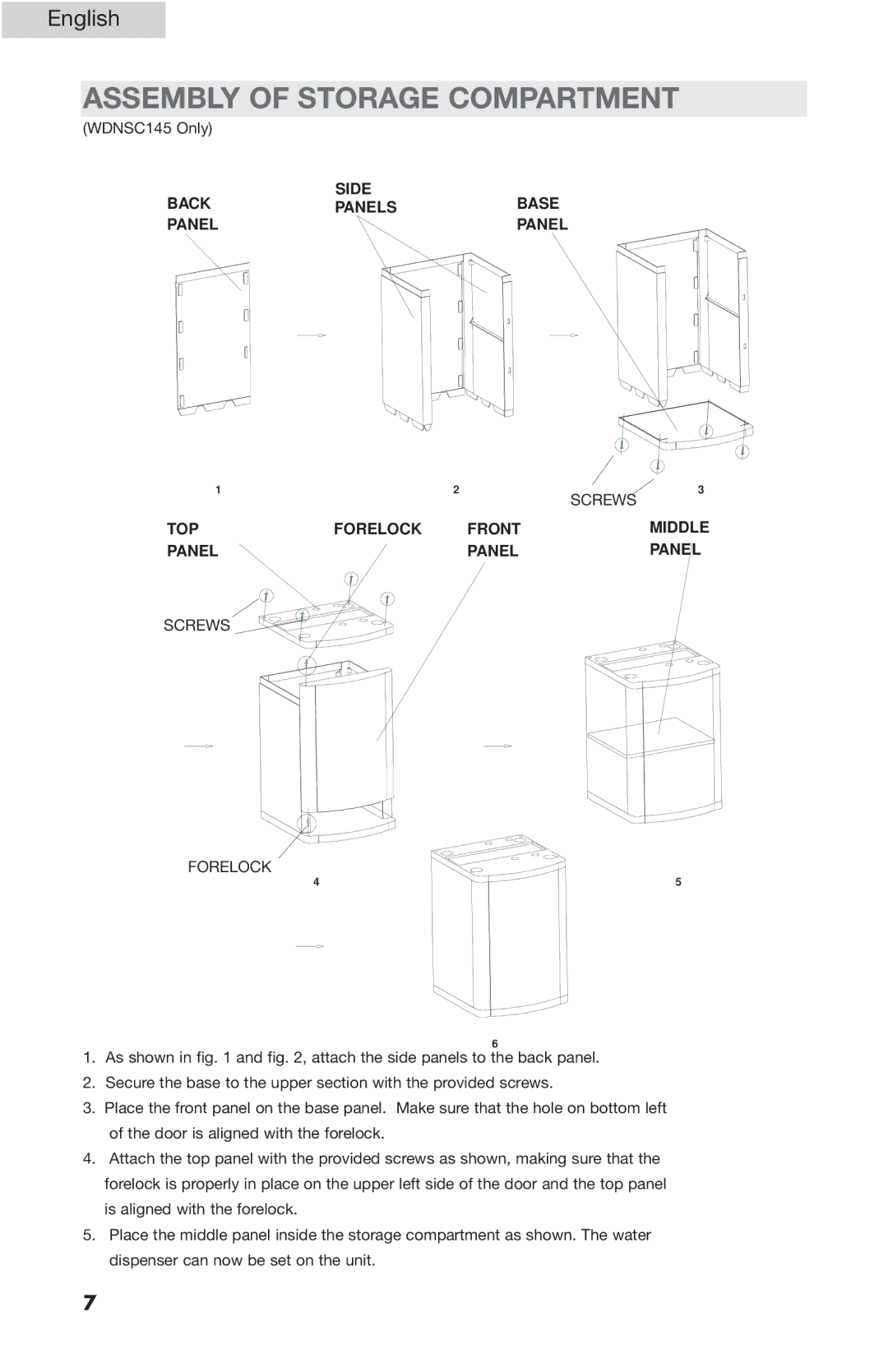 Haier WDNSC145, WDNS201SS, WDNS055, WDNS045 user manual Assembly of Storage Compartment, Forelock 