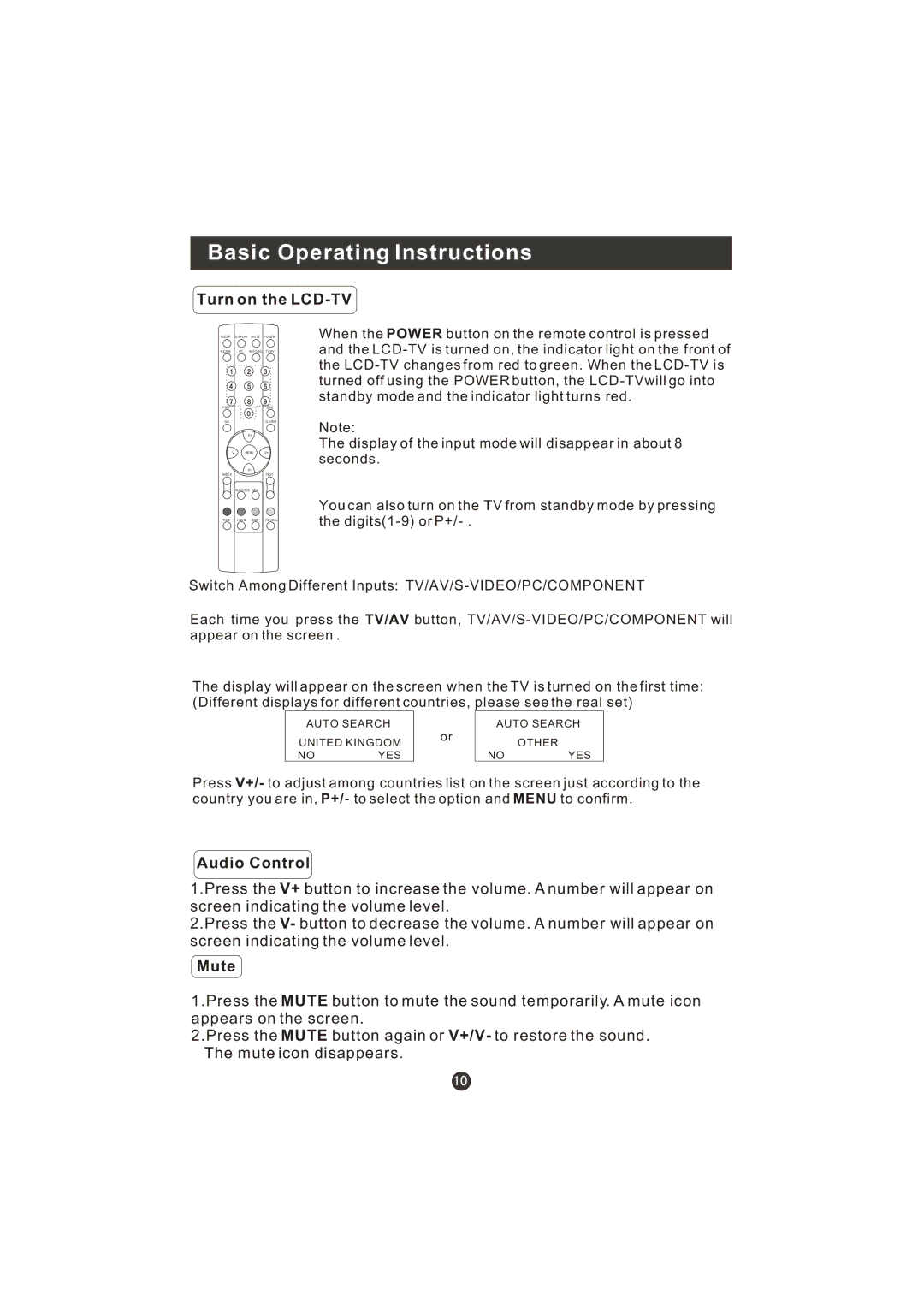 Haier WL22T1, WL19T1 user manual Basic Operating Instructions, Turn on the LCD-TV, Audio Control, Mute 