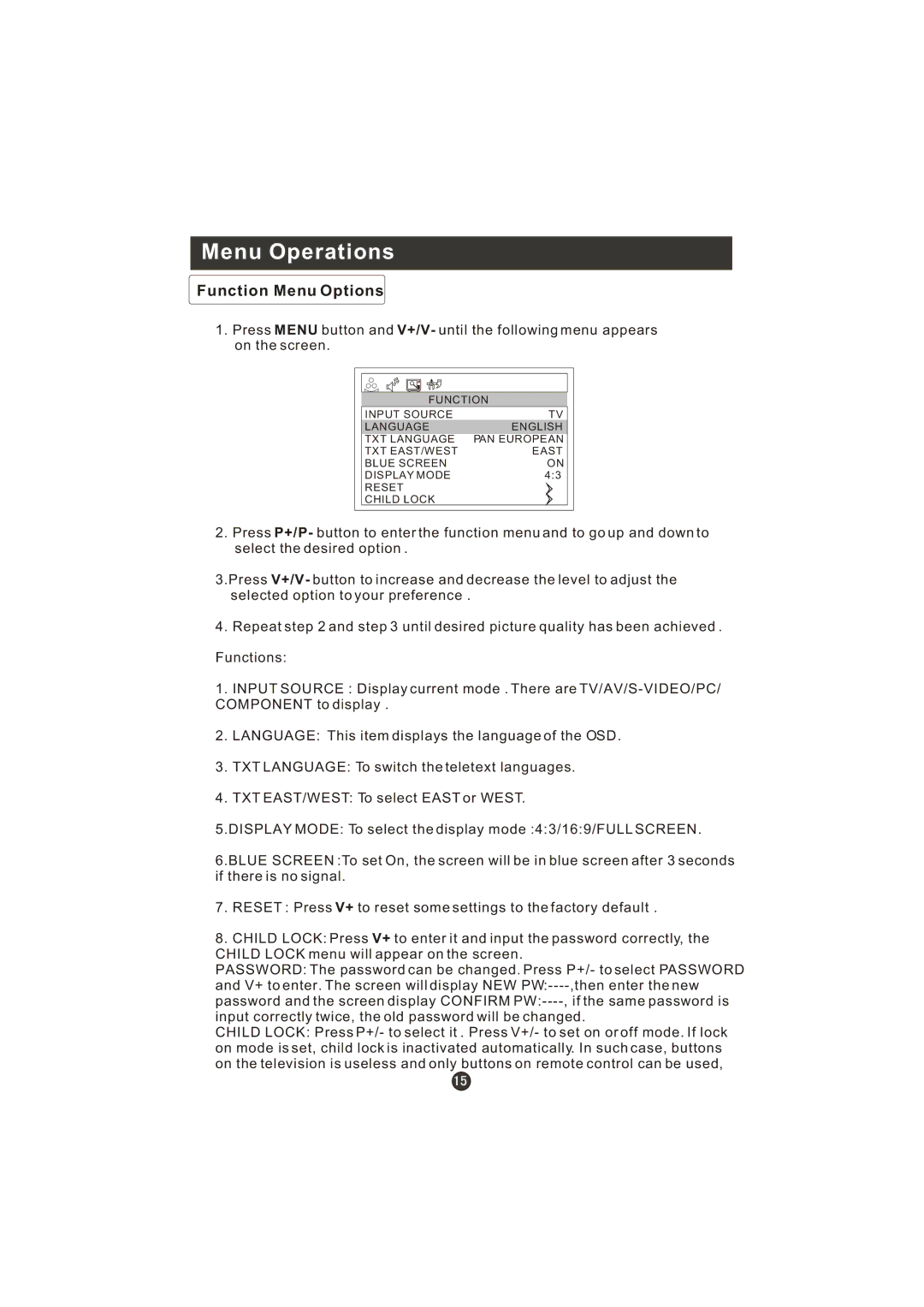 Haier WL19T1, WL22T1 user manual Function Menu Options 