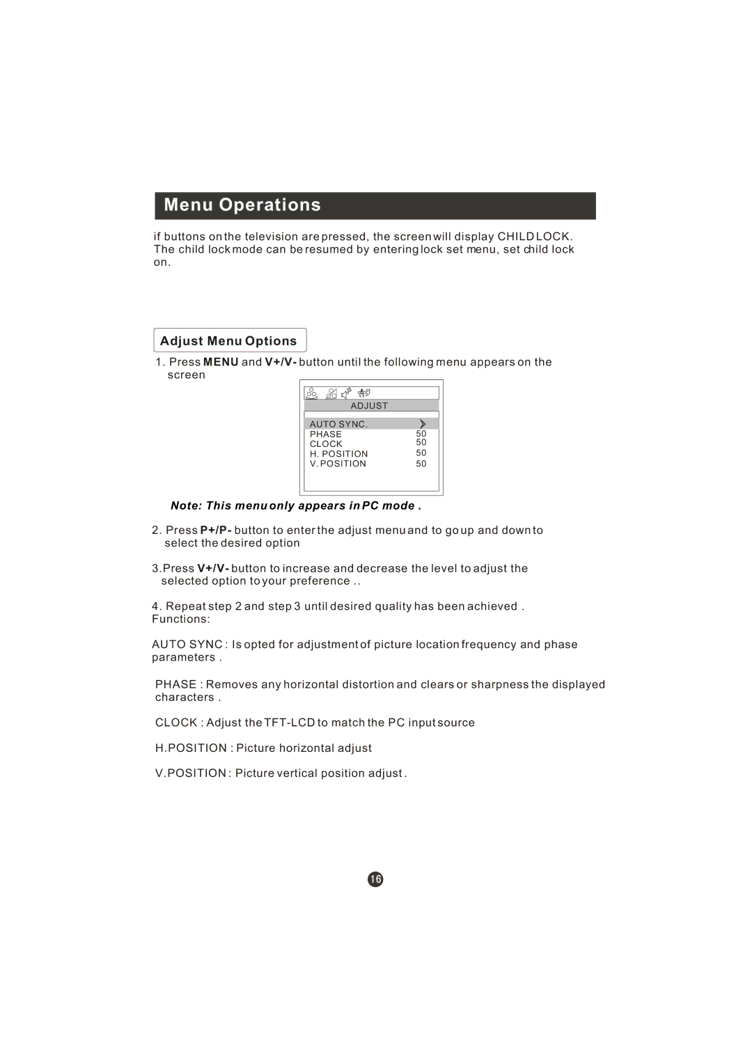 Haier WL22T1, WL19T1 user manual Adjust Menu Options 