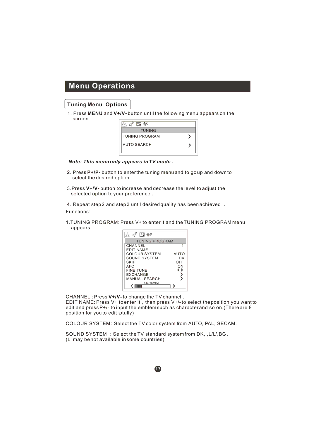 Haier WL19T1, WL22T1 user manual Tuning Menu Options 