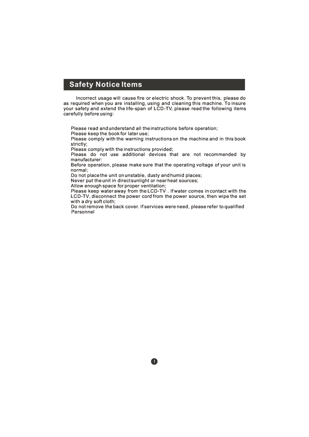 Haier WL19T1, WL22T1 user manual Safety Notice Items 