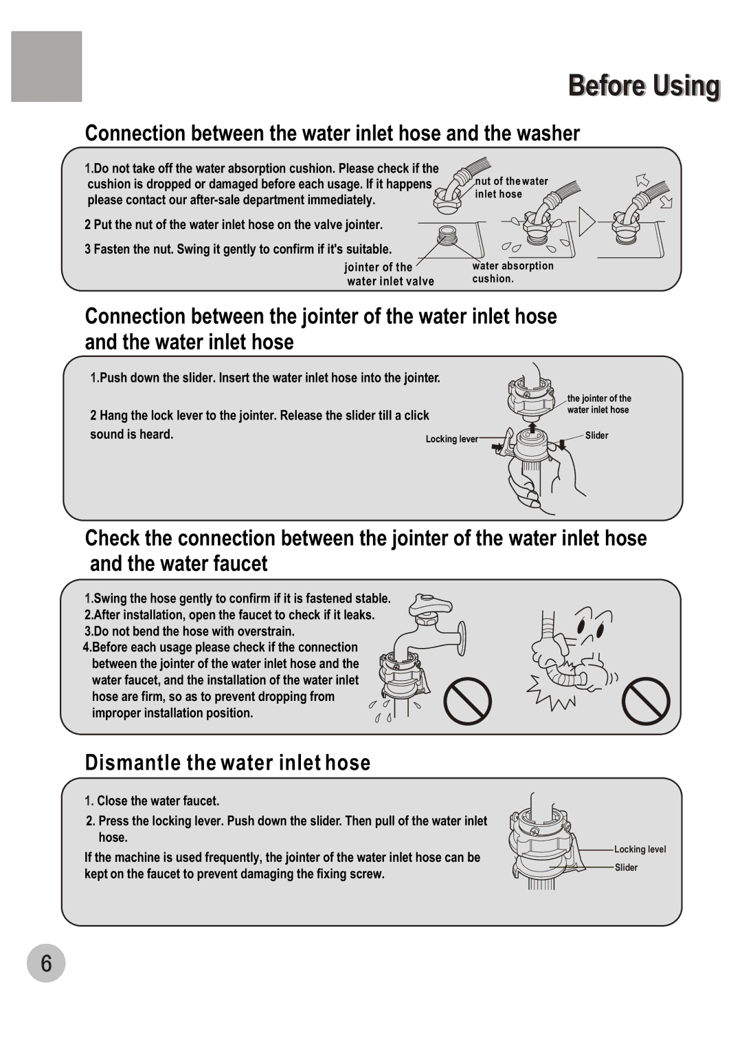 Haier WM6002A user manual Dismantle the water inlet hose, Before Using 