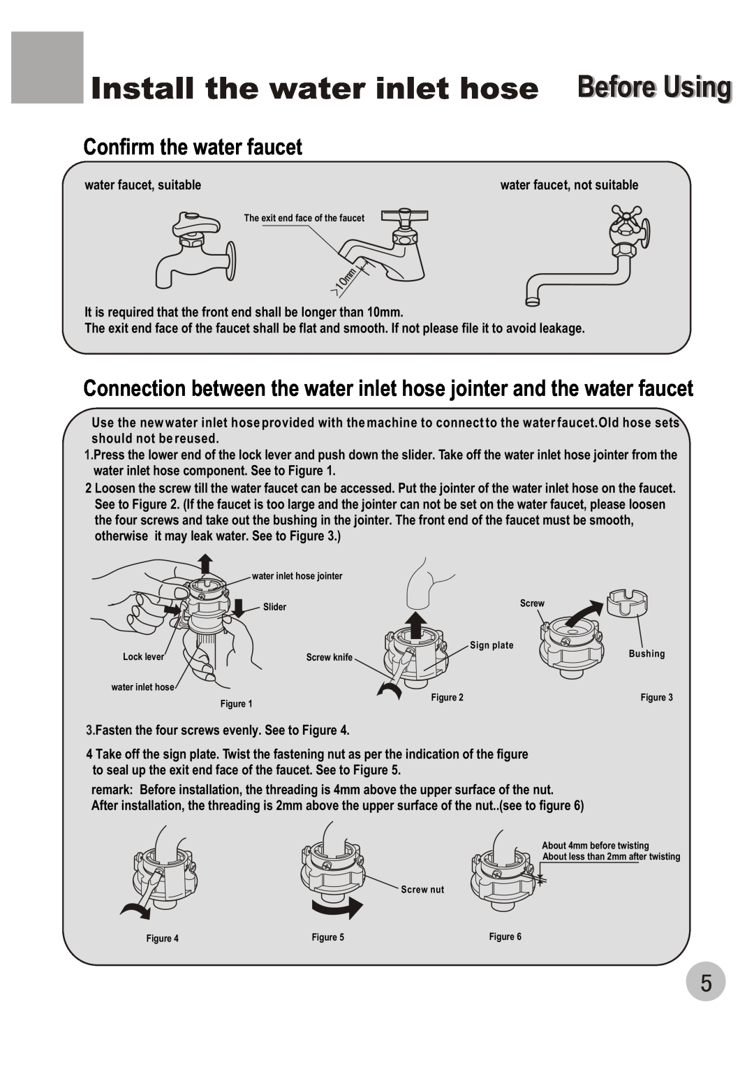 Haier WM6002A user manual Install the water inlet hose Before Using, Confirm the water faucet 