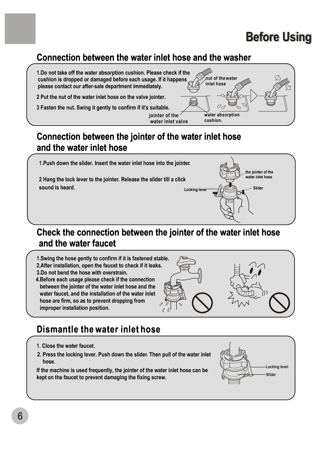 Haier WM6002A user manual Dismantle the water inlet hose 