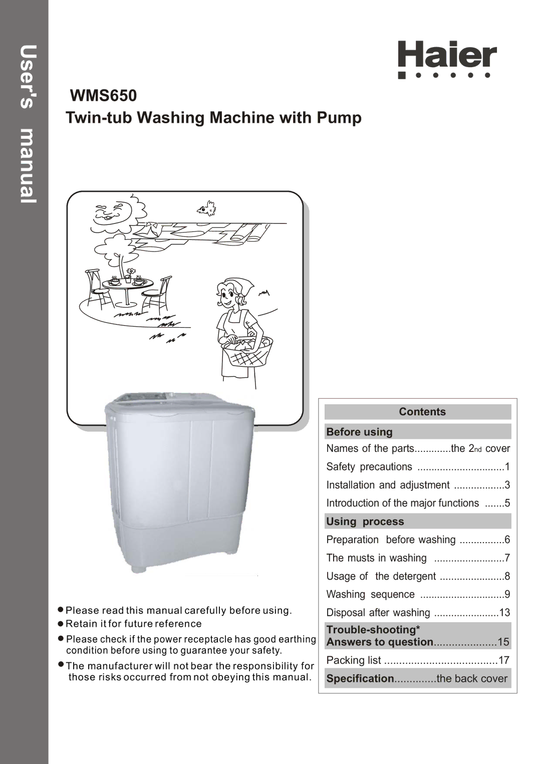 Haier user manual WMS650 Twin-tub Washing Machine with Pump 