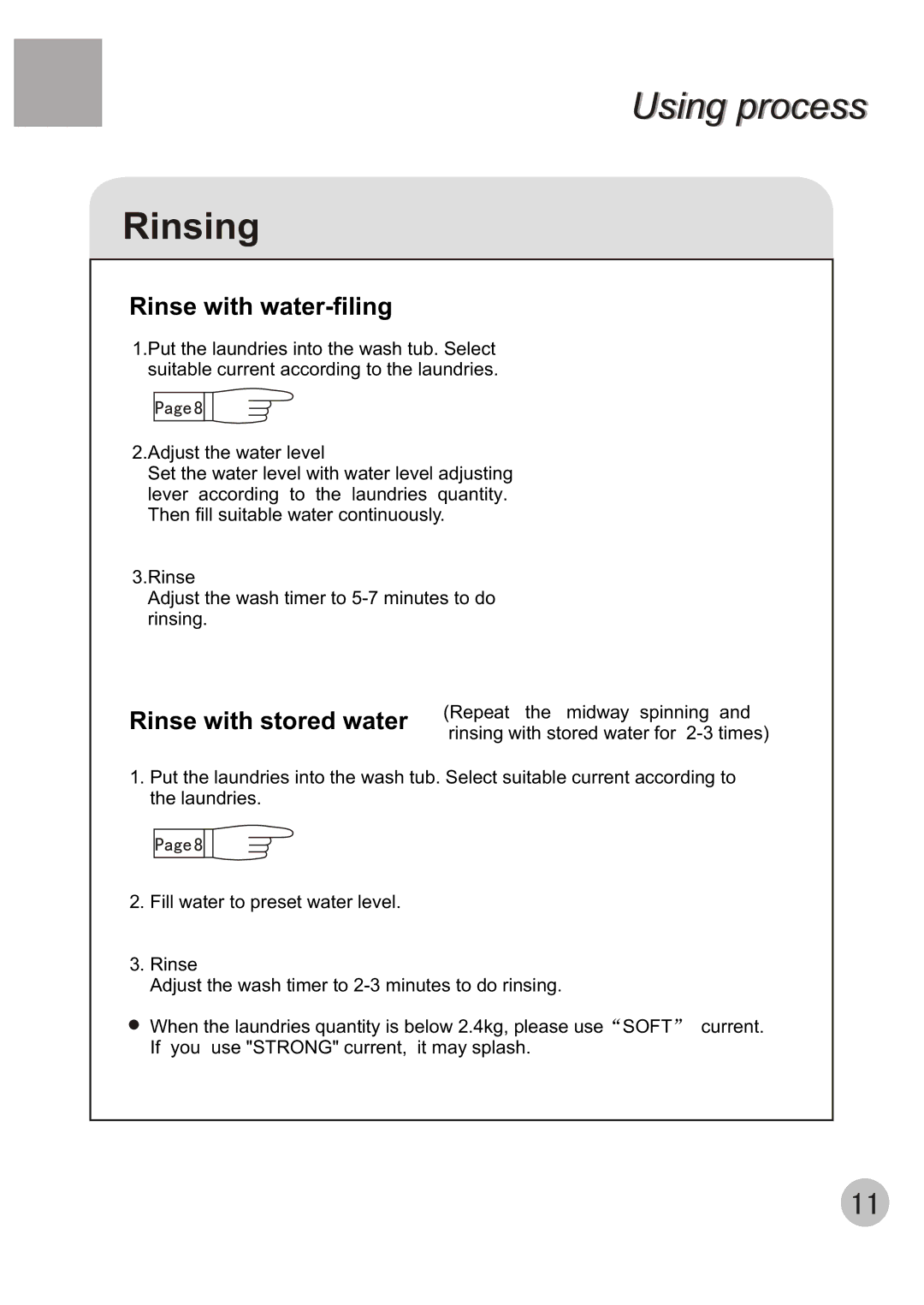 Haier WMS650 user manual Rinsing, Rinse with water-filing 