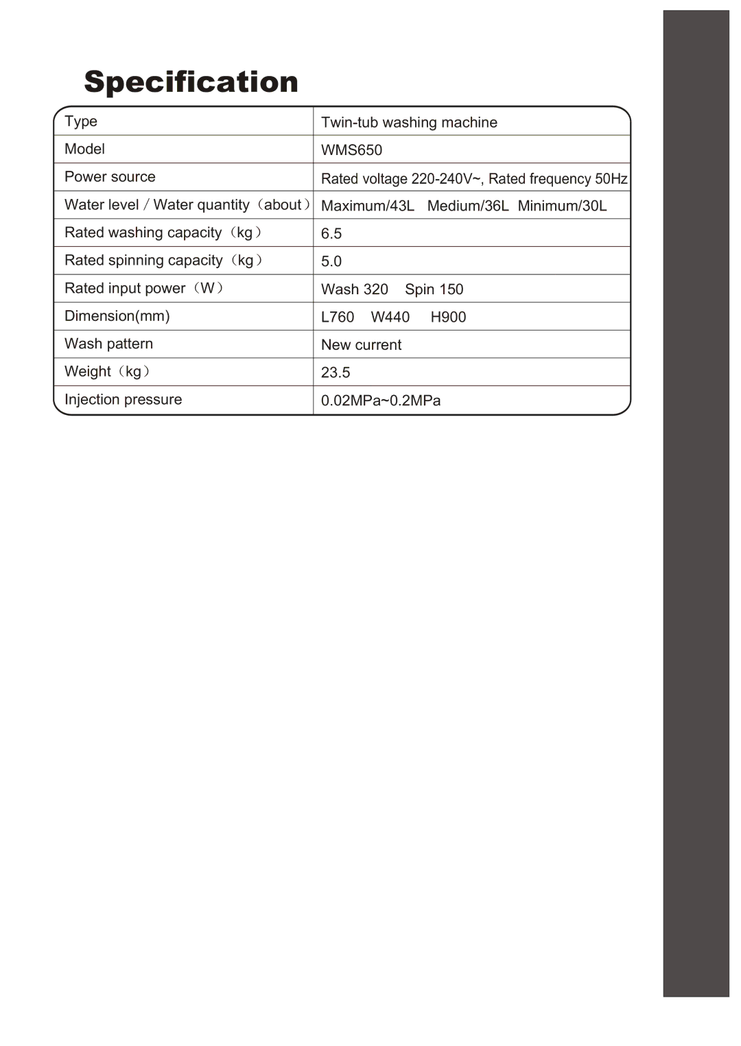 Haier WMS650 user manual Specification 