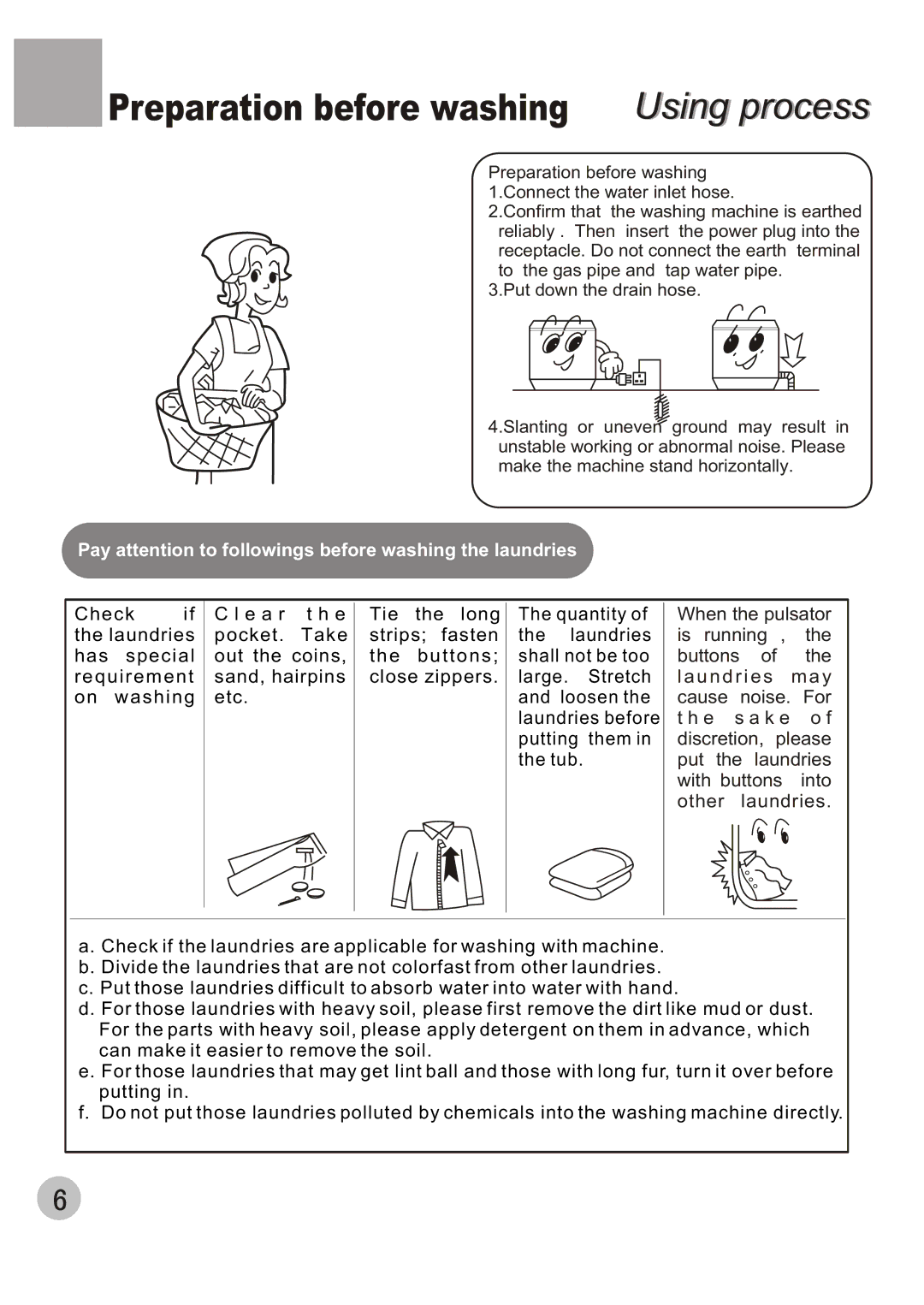 Haier WMS650 user manual Preparation before washing Using process, Pay attention to followings before washing the laundries 