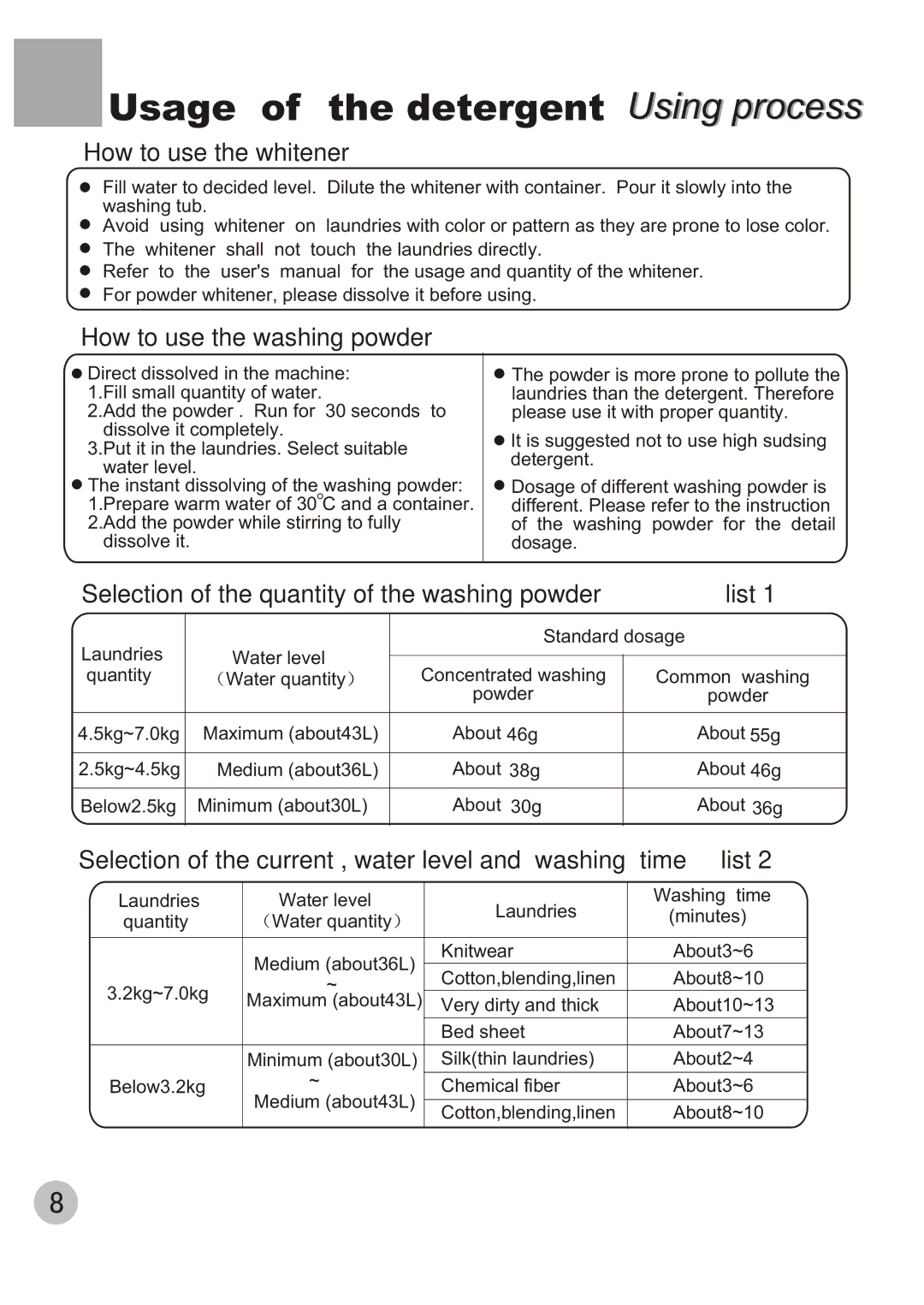 Haier WMS656 user manual Usage of the detergent Using process, How to use the whitener 