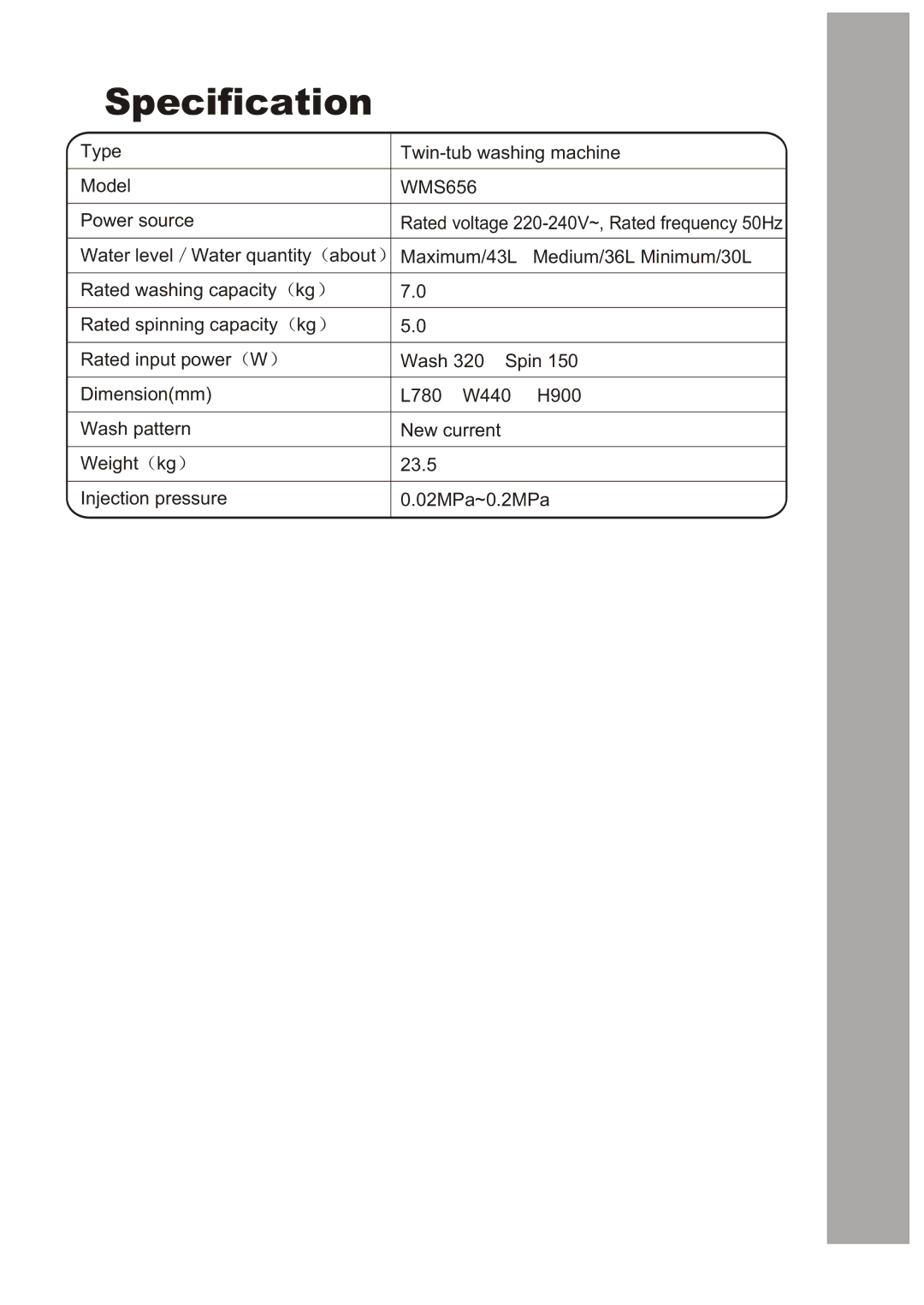 Haier WMS656 user manual Specification 