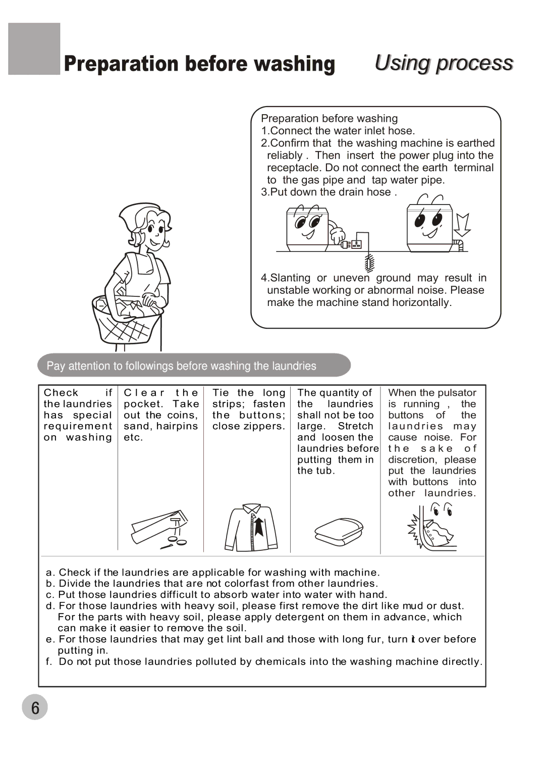 Haier WMS656 user manual Preparation before washing Using process, Pay attention to followings before washing the laundries 