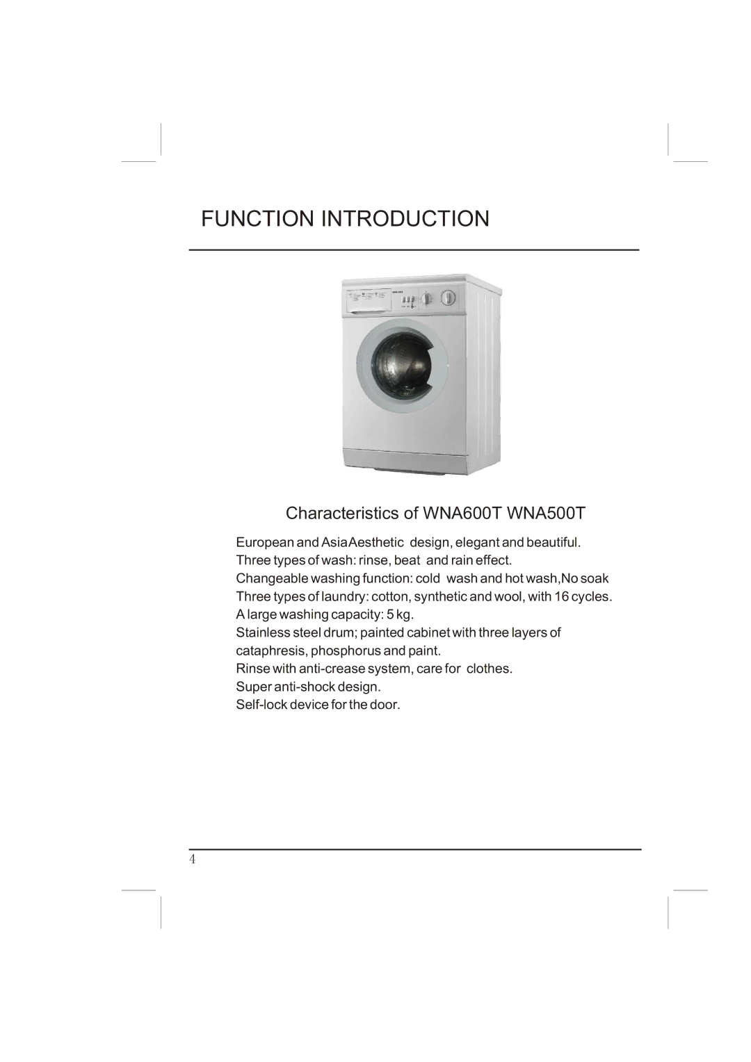 Haier manual Characteristics of WNA600T WNA500T 