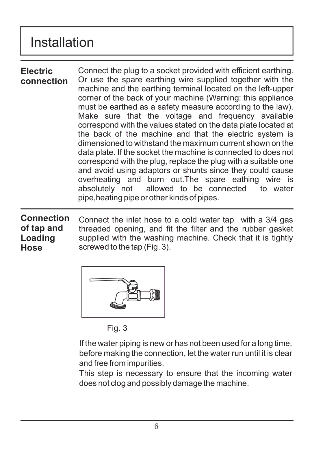 Haier WNA600TX manual Electric connection, Connection of tap and Loading Hose 