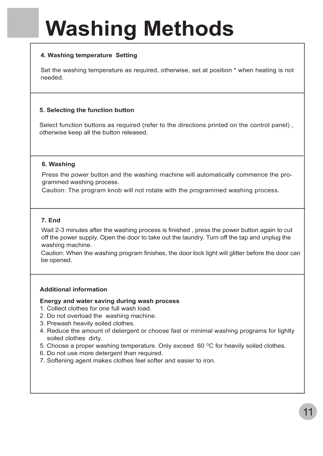 Haier WNM1000TE, WNM800TE manual Washing Methods 