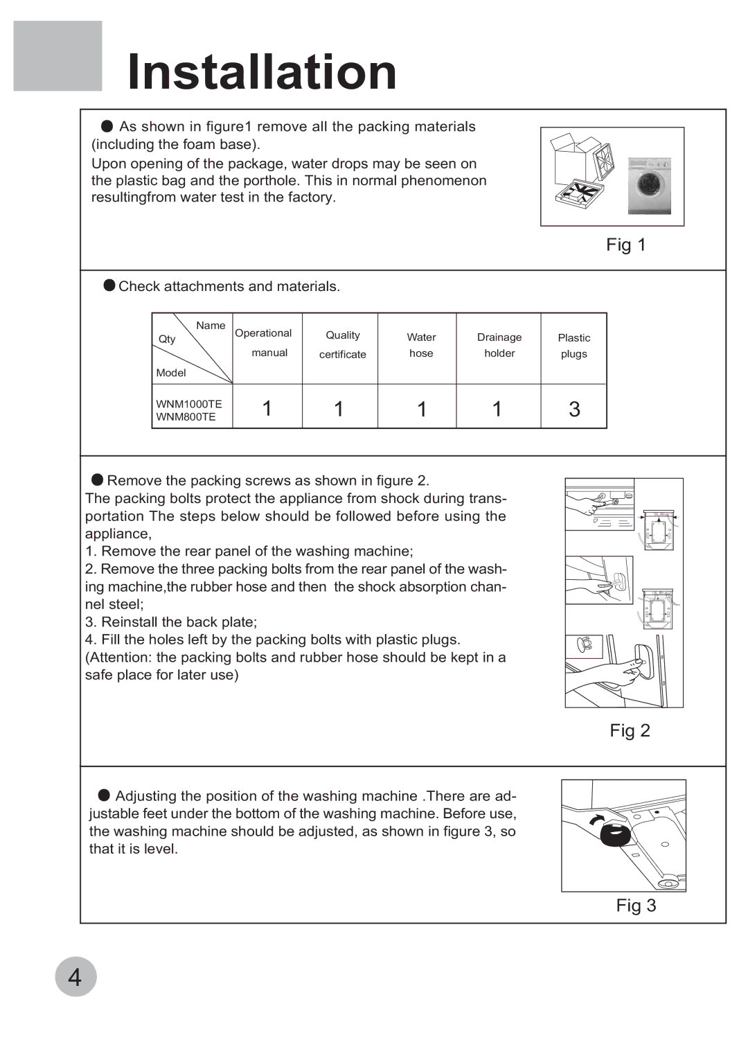 Haier WNM800TE, WNM1000TE manual Installation 