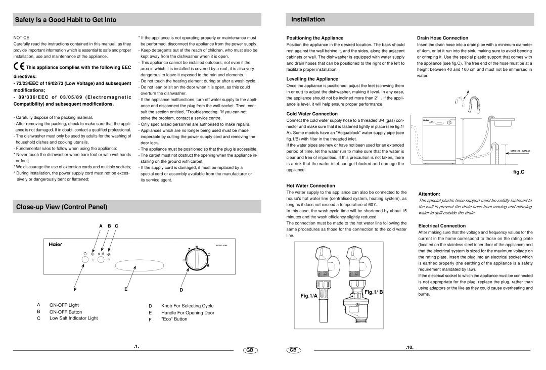 Haier WQP12-AFM2 manual Safety Is a Good Habit to Get Into Installation, Close-up View Control Panel 