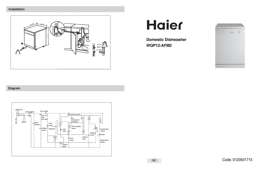 Haier manual Installation, Diagram, Domestic Dishwasher WQP12-AFM2, =`çÇÉW=MNOMRMNTNR 