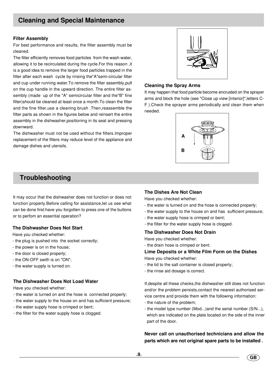 Haier WQP12-BFE SS manual Cleaning and Special Maintenance, Troubleshooting 