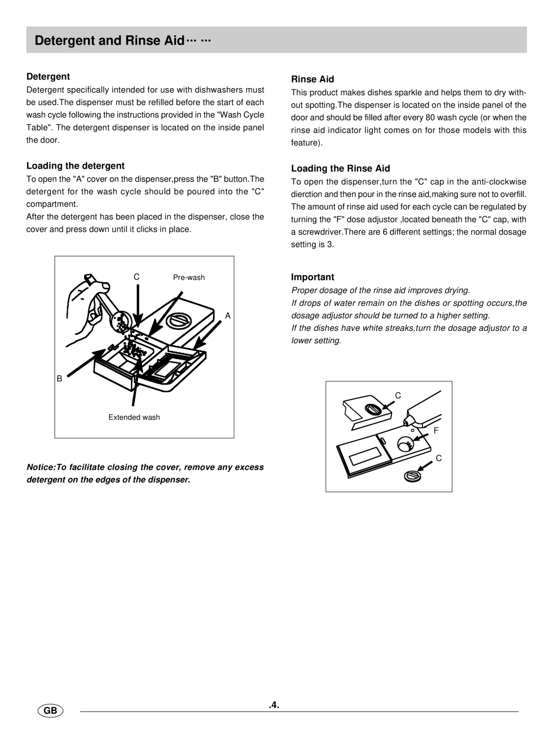 Haier WQP12-BFE SS manual Detergent and Rinse Aid, Loading the detergent, Loading the Rinse Aid 