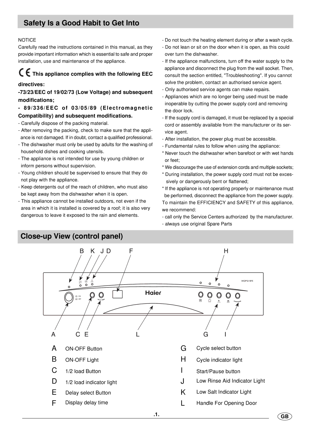 Haier WQP12-BFE manual Safety Is a Good Habit to Get Into, Close-up View control panel 