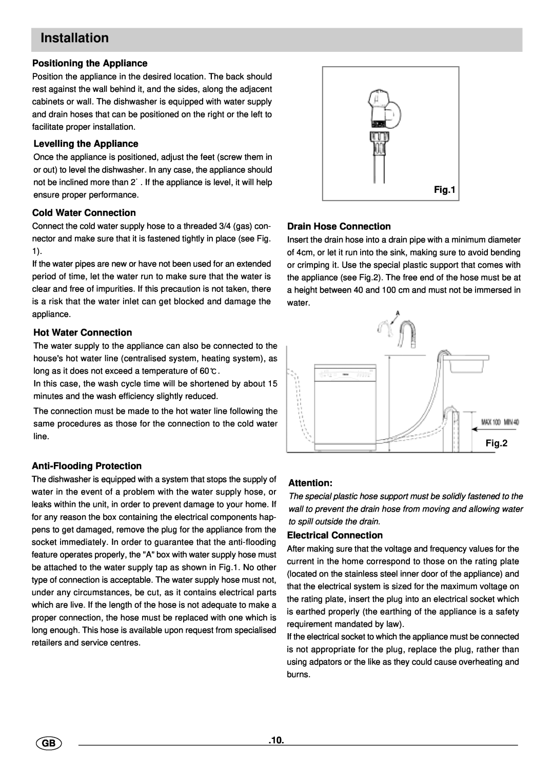 Haier WQP12-BFE manual Installation, Positioning the Appliance, Levelling the Appliance, Cold Water Connection 