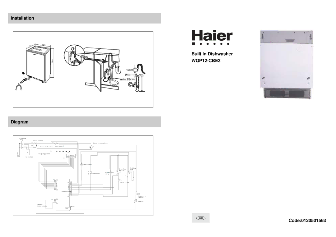 Haier WQP12-CBE3 manual Installation Diagram, Built In Dishwasher, Code0120501563 