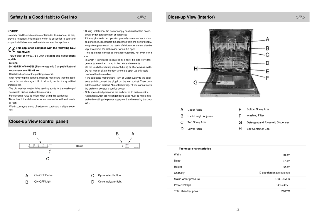 Haier WQP12-CBE3 manual Safety Is a Good Habit to Get Into Close-up View Interior, Close-up View control panel 