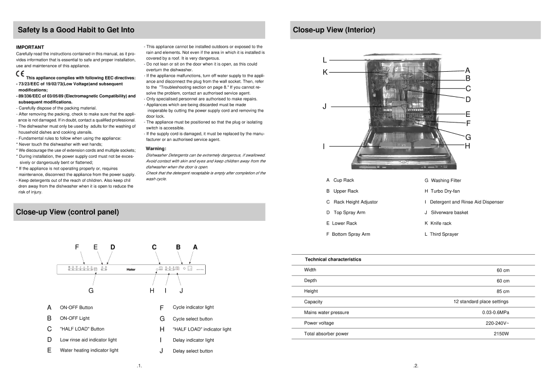 Haier WQP12-CFESS manual Safety Is a Good Habit to Get Into, Close-up View Interior, Close-up View control panel 